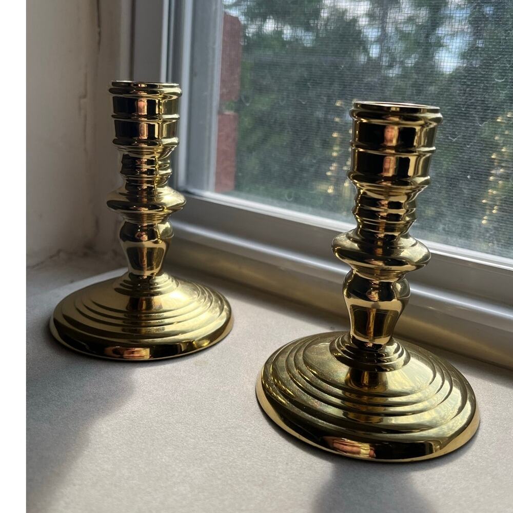 Vintage Brass Heavy Candlestick Holders Set of 2 Gold Taper Candle Holders 4”
